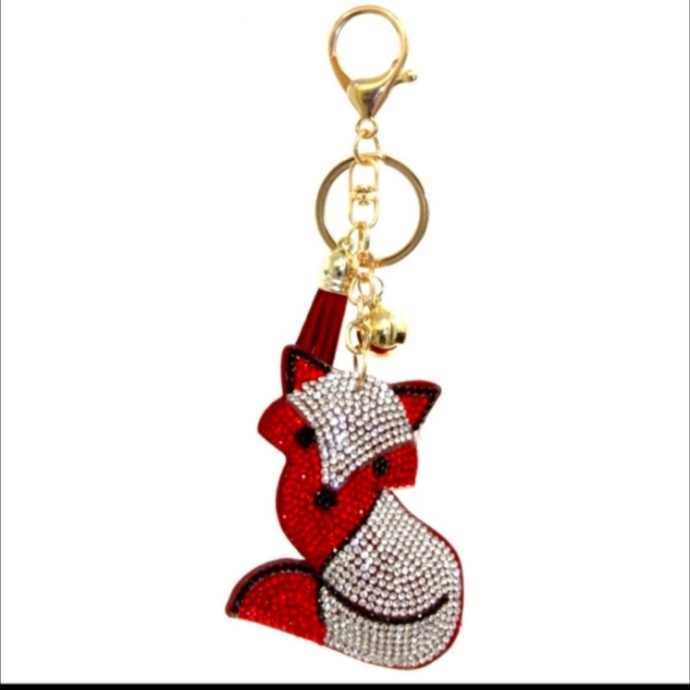 Fox Rhinestone Puffy Tassel Purse Charm Key Chain